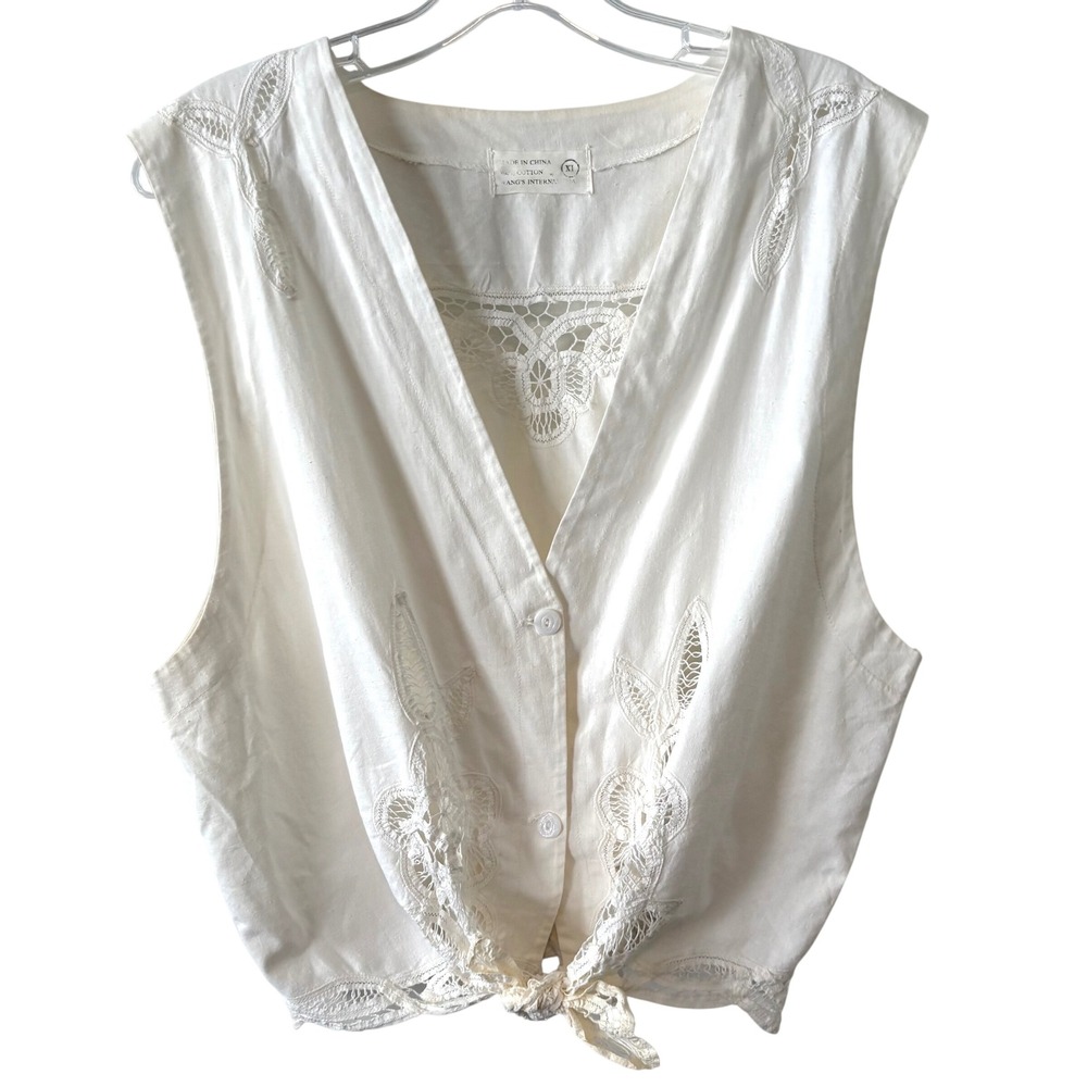 White Cotton Cottagecore Prairie Vest Blouse with Lace Detail in Size XL